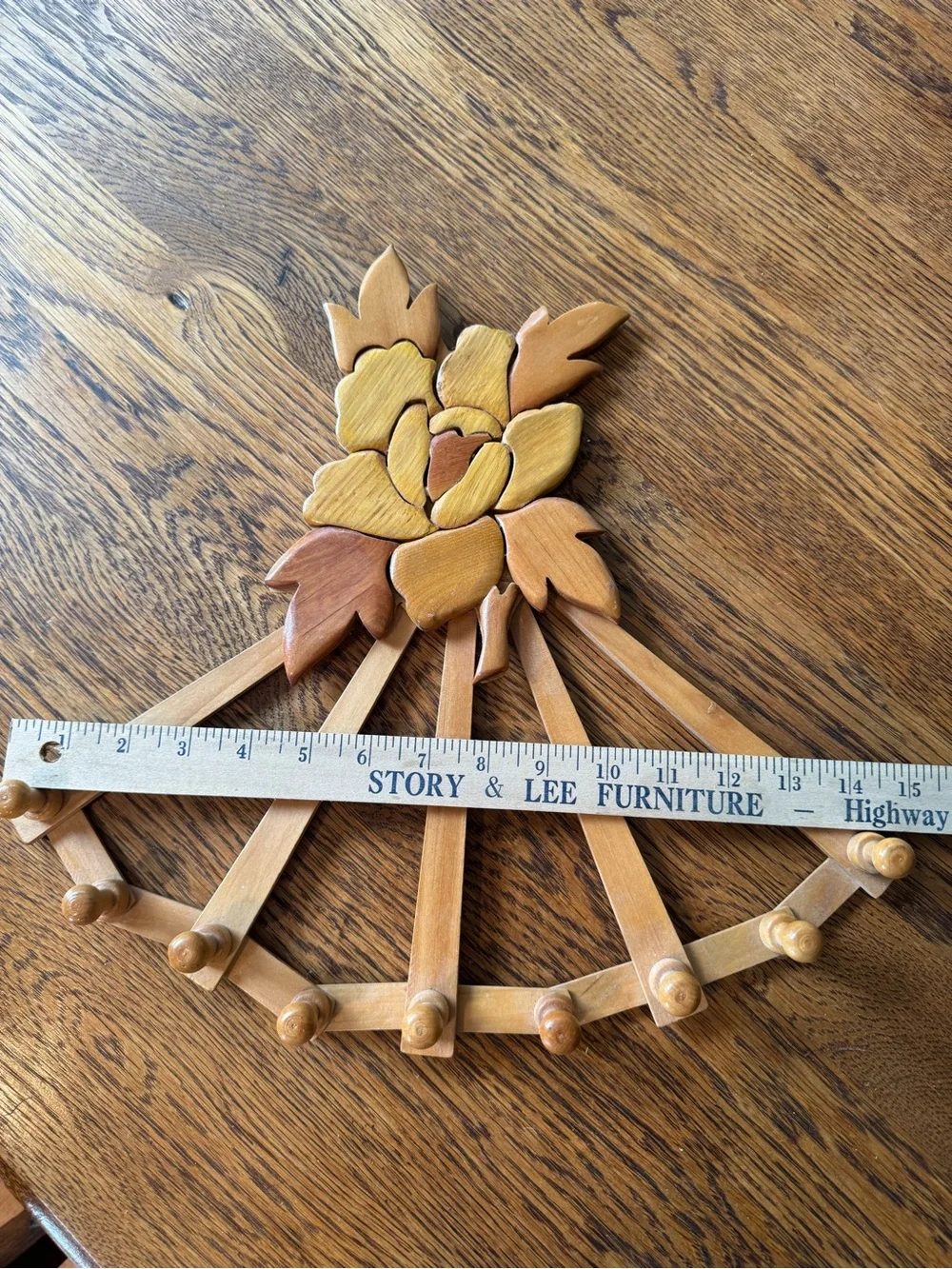 Vintage Accordion Wooden Peg Floral Fan Wall Hook Coat Purse Rack